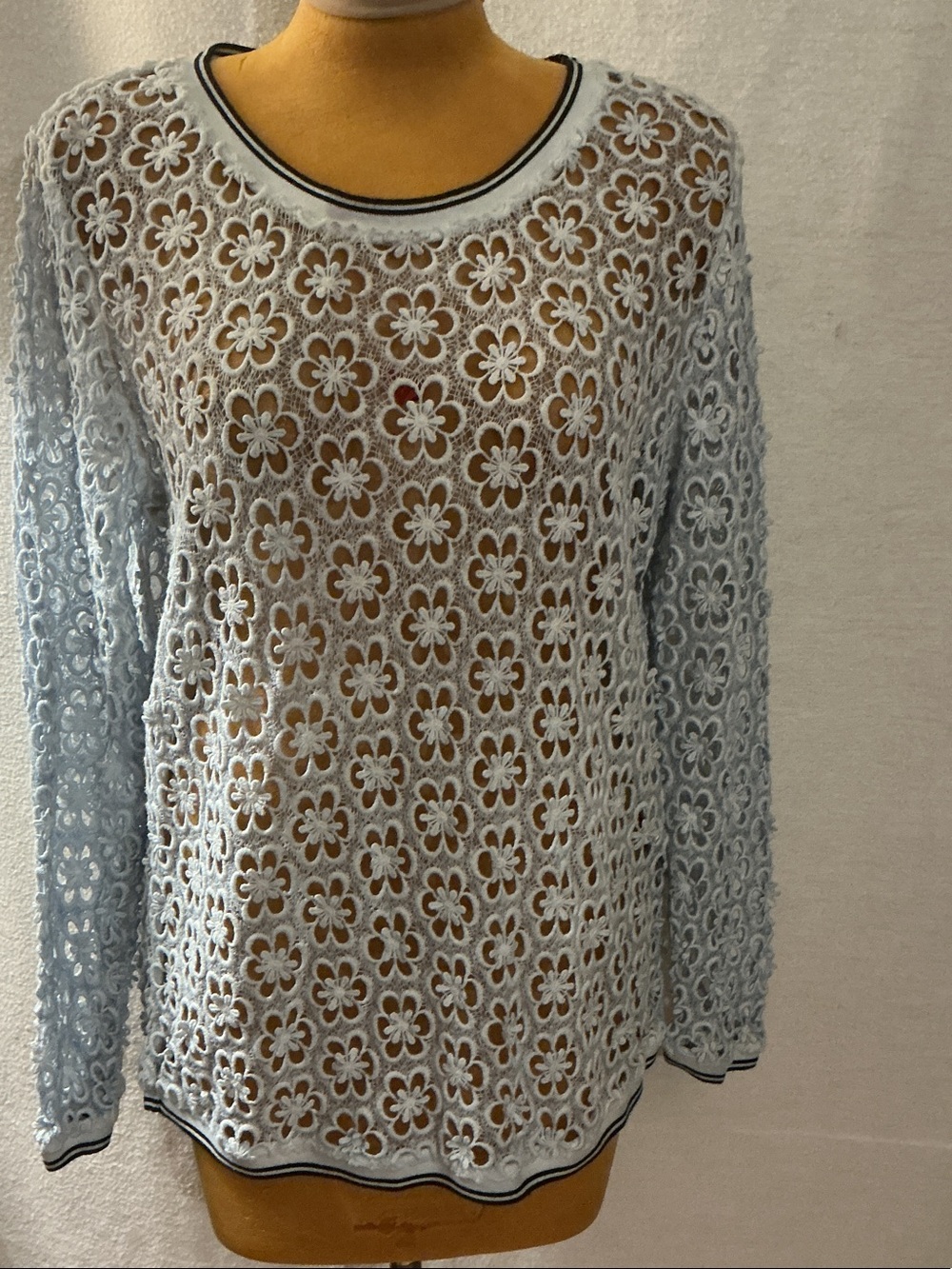 Marc Cain Light Blue Floral Crochet Long Sleeve Top with Striped Trim